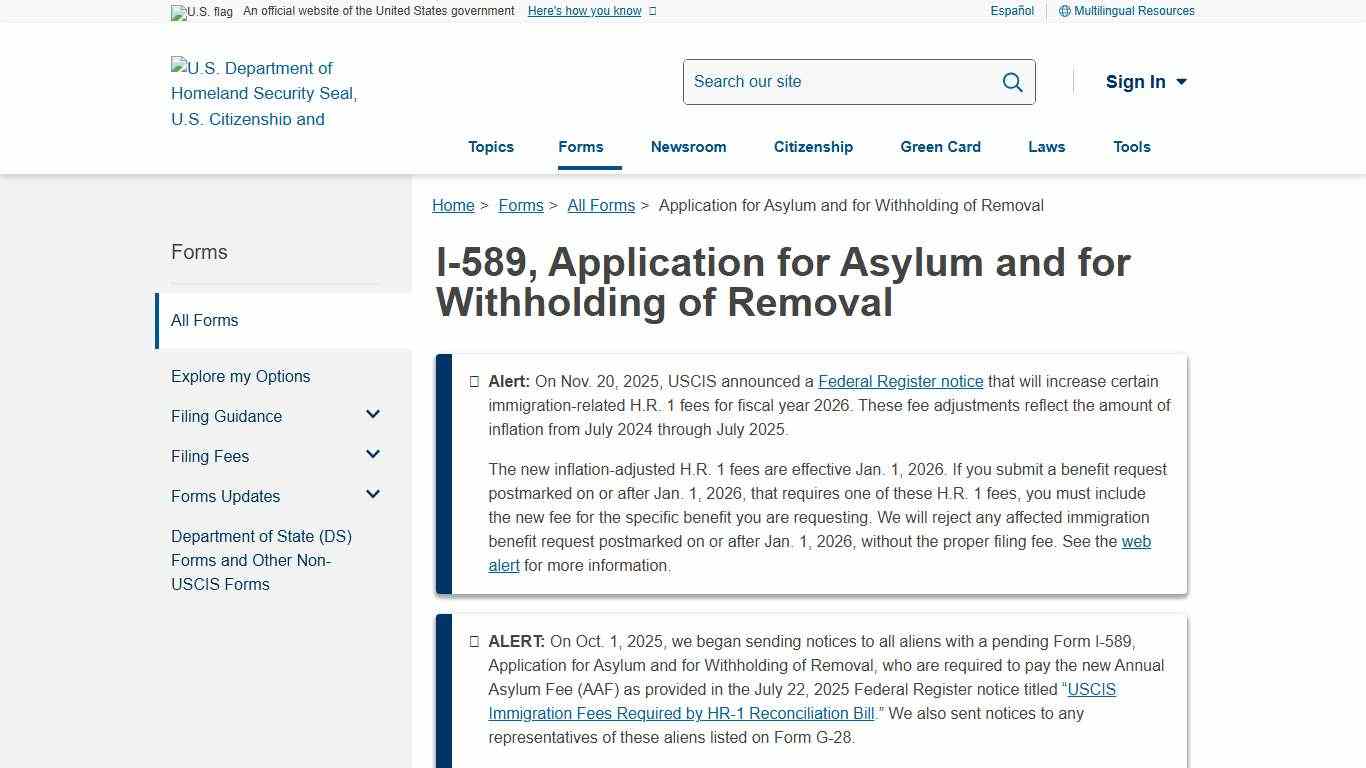 Application for Asylum and for Withholding of Removal USCIS
